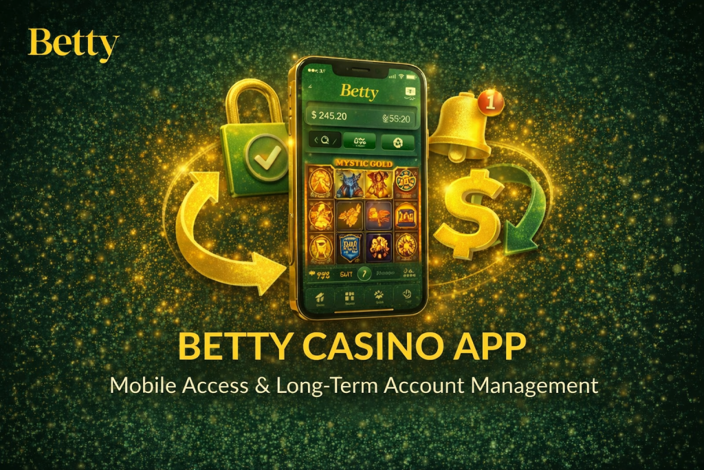 Betty Casino mobile app interface showing the withdrawal process step by step on a smartphone, designed in dark green and gold colors, from amount selection to successful payout confirmation.