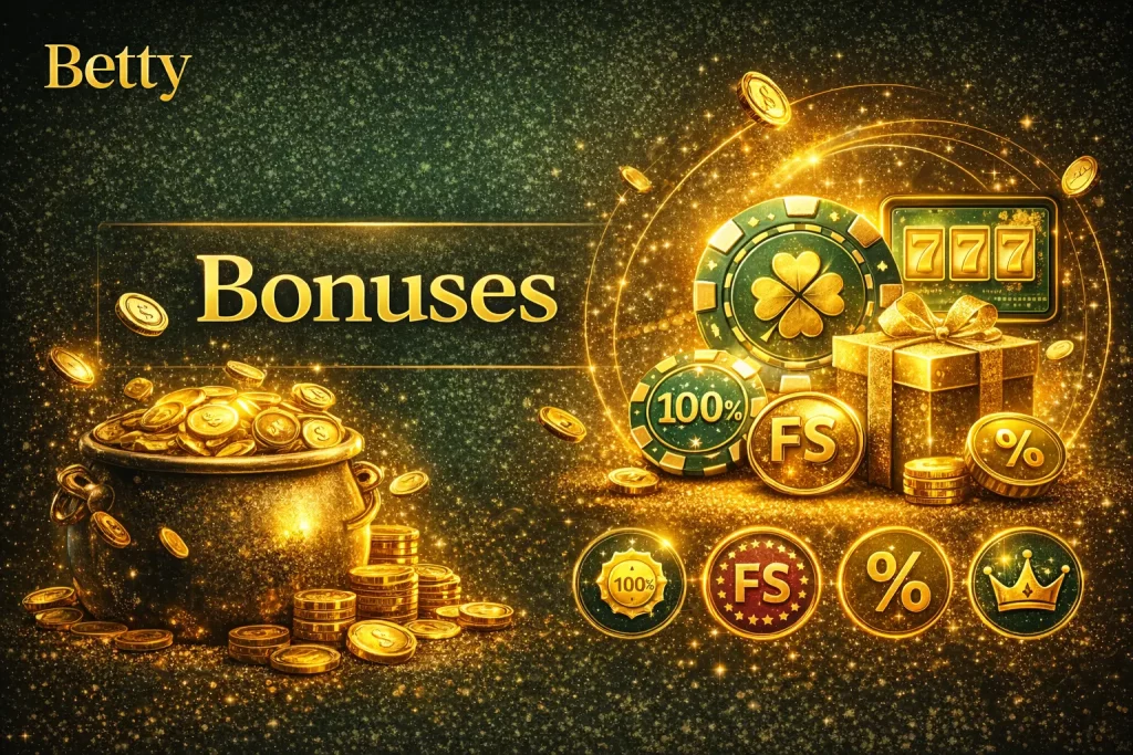 Illustration representing bonus types at Betty Casino, including welcome bonuses, loyalty rewards, and no-deposit offers, shown with gold icons on a green background