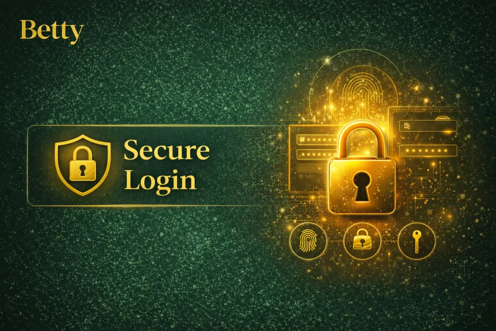 Secure login page banner at Betty Casino with green and gold design, lock and security icons