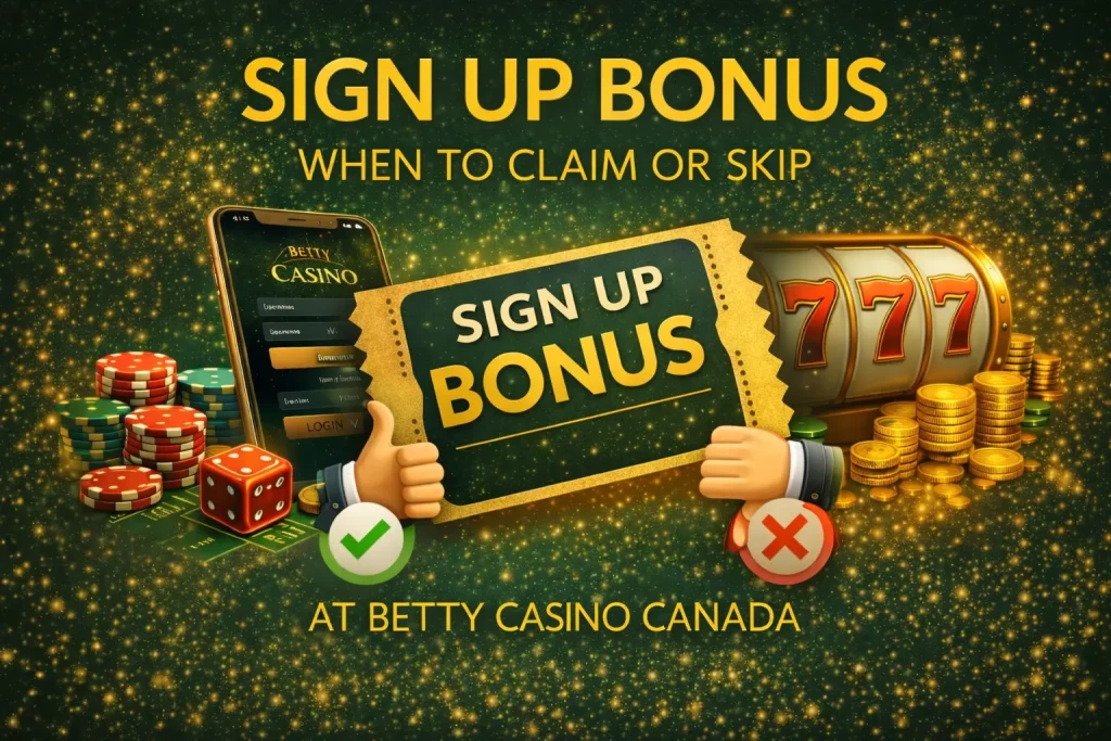 Sign up bonus at Betty Casino Canada illustrated with bonus ticket, slot machine symbols, and mobile registration access