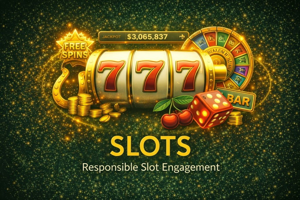 Illustration representing online slot games at Betty Casino, showing slot reels, symbols, and a green background with gold accents