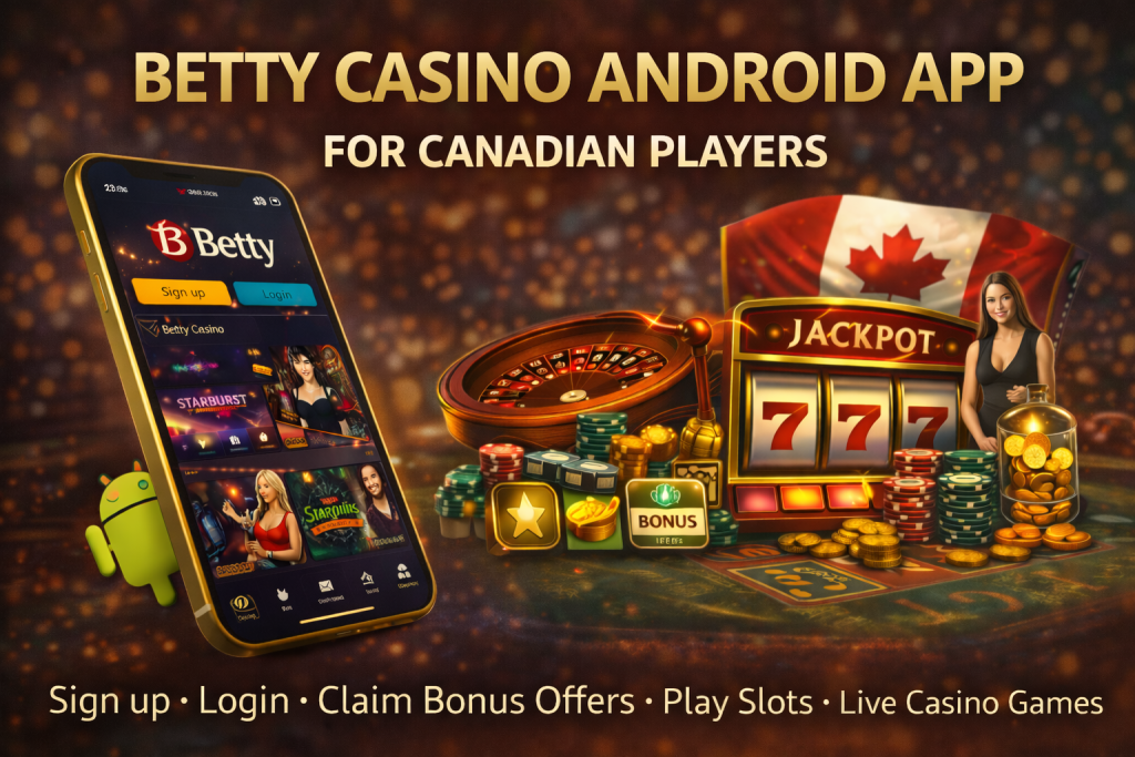 Betty Casino Android app banner featuring gold smartphone with casino interface, slot machine, roulette wheel, poker chips and Canadian flag on luxury dark background