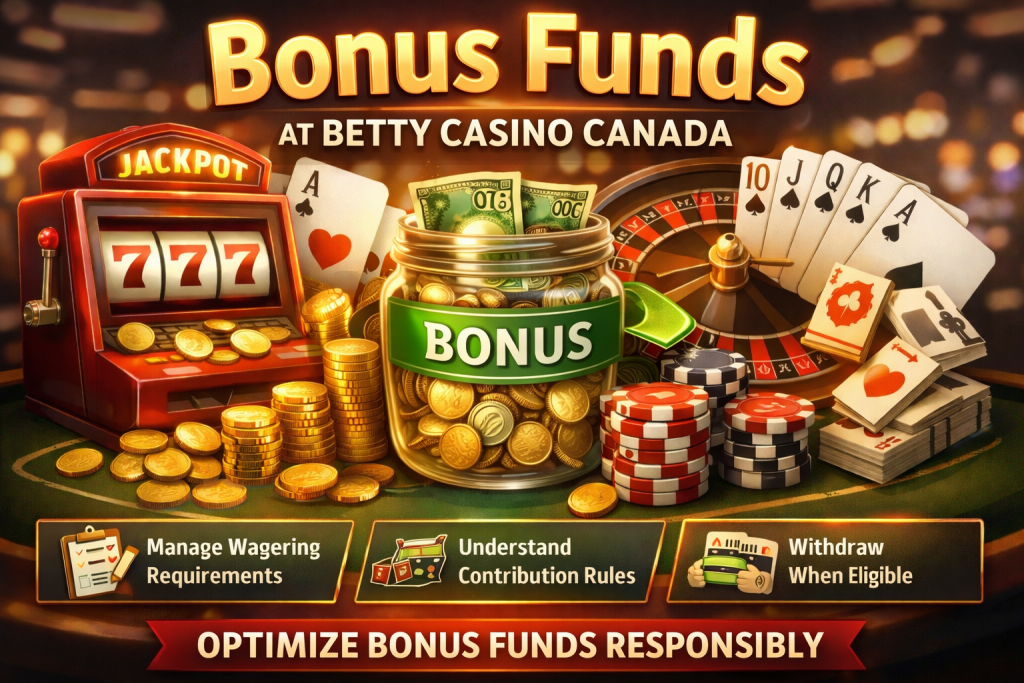 Bonus Funds at Betty Casino Canada featuring a bonus jar, slot machine, poker chips, and roulette elements in a premium gold-themed design