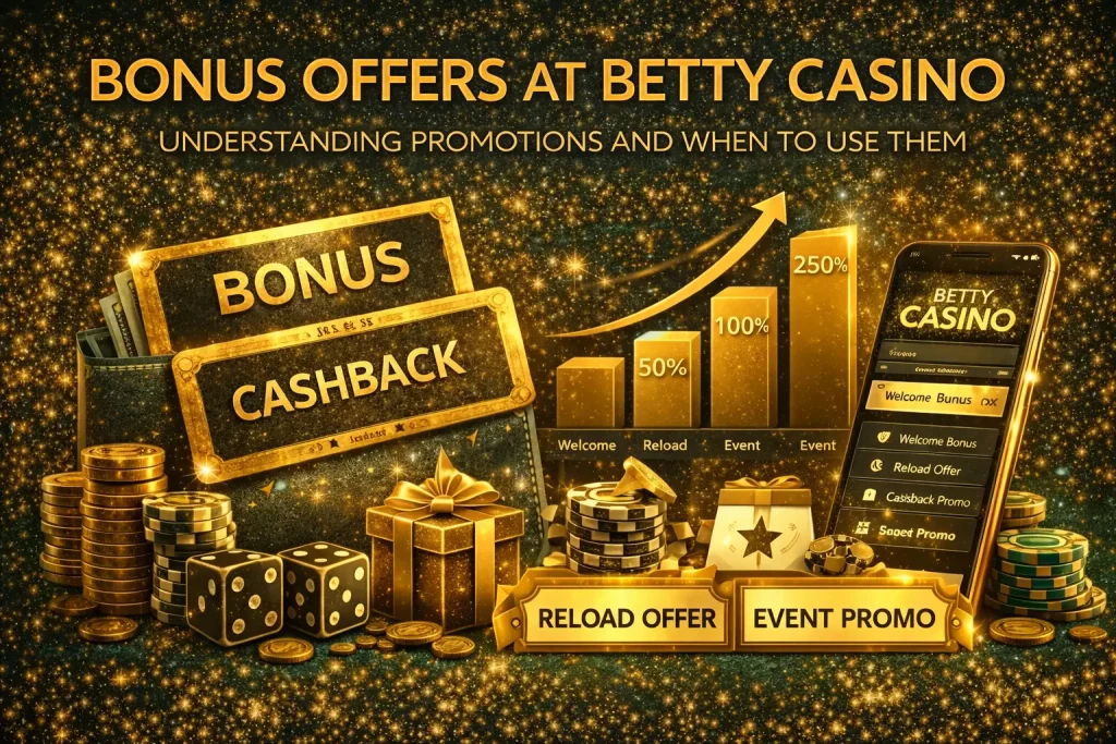 Bonus offers at Betty Casino showing welcome bonuses, cashback deals, reload offers, and promotional rewards for Canadian players