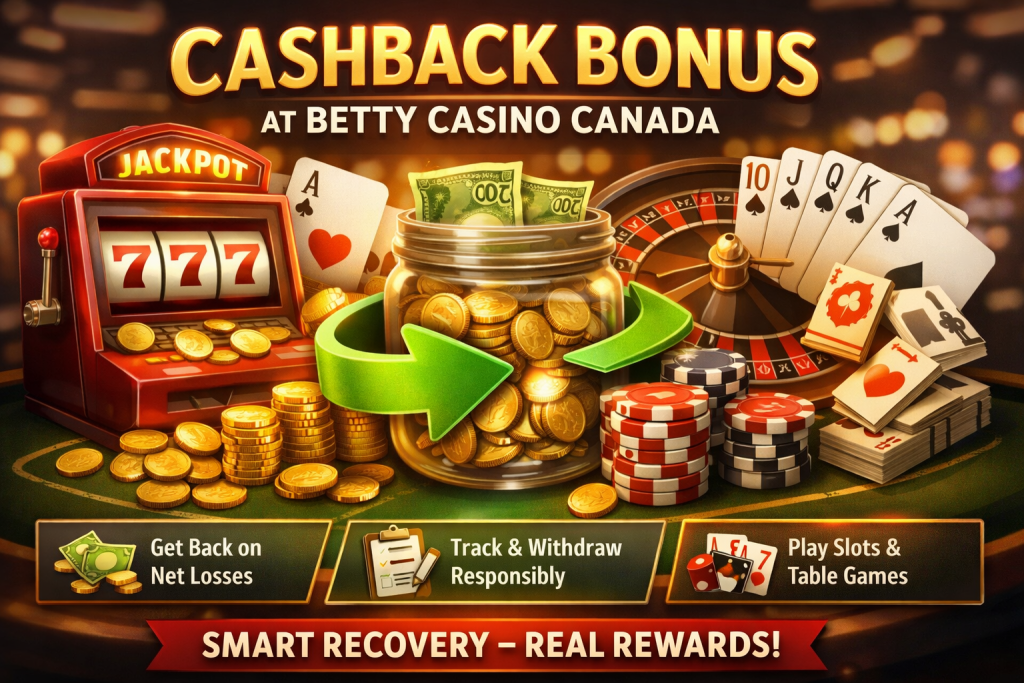 Cashback bonus promotional banner for Betty Casino featuring gold typography and casino elements on a dark green background
