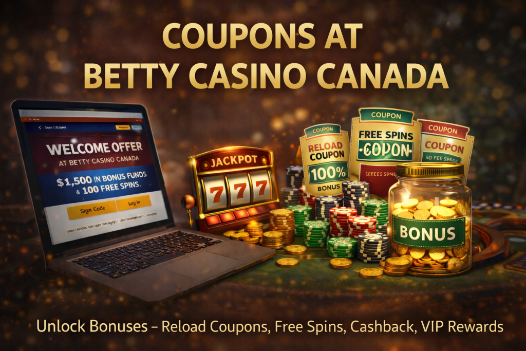 Coupons at Betty Casino Canada banner featuring laptop with casino interface, slot machine, poker chips, roulette wheel and coupon cards on luxury dark background