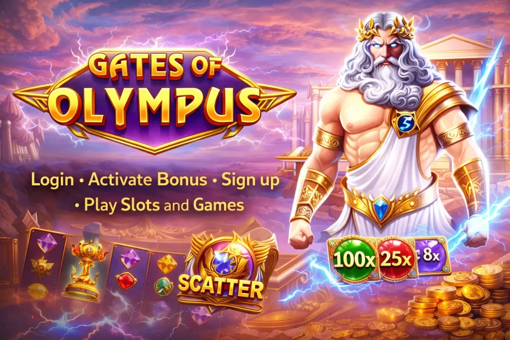 Gates of Olympus slot banner featuring Zeus with lightning, cascading reels, multiplier symbols and ancient Greek temple background
