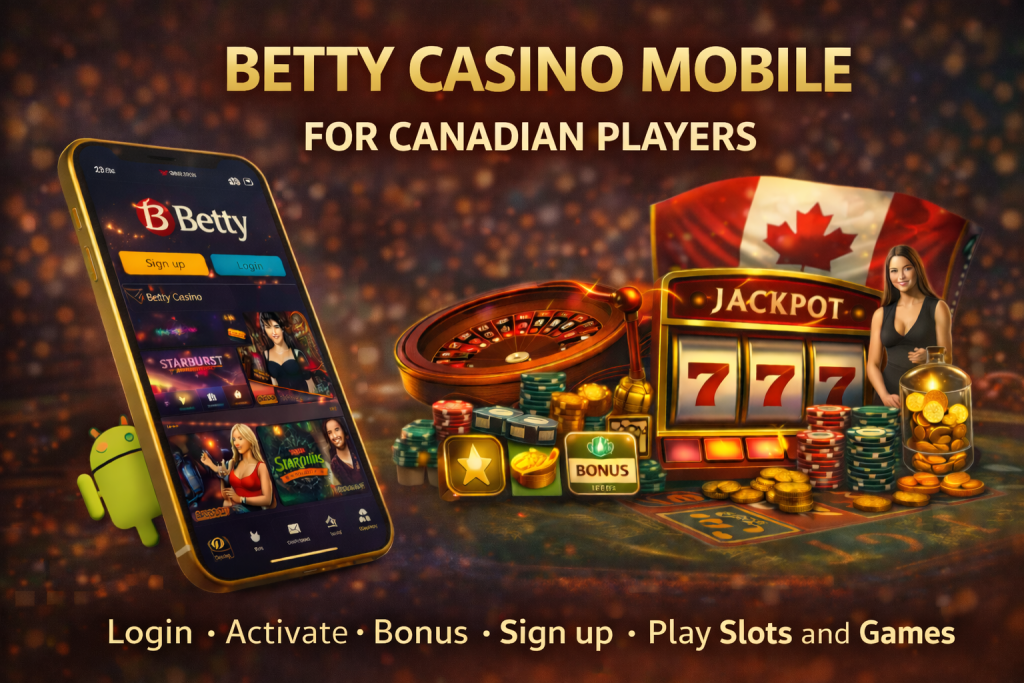 Betty Casino Mobile banner featuring smartphone with casino interface, slot machine, roulette wheel, poker chips and Canadian flag on premium dark background