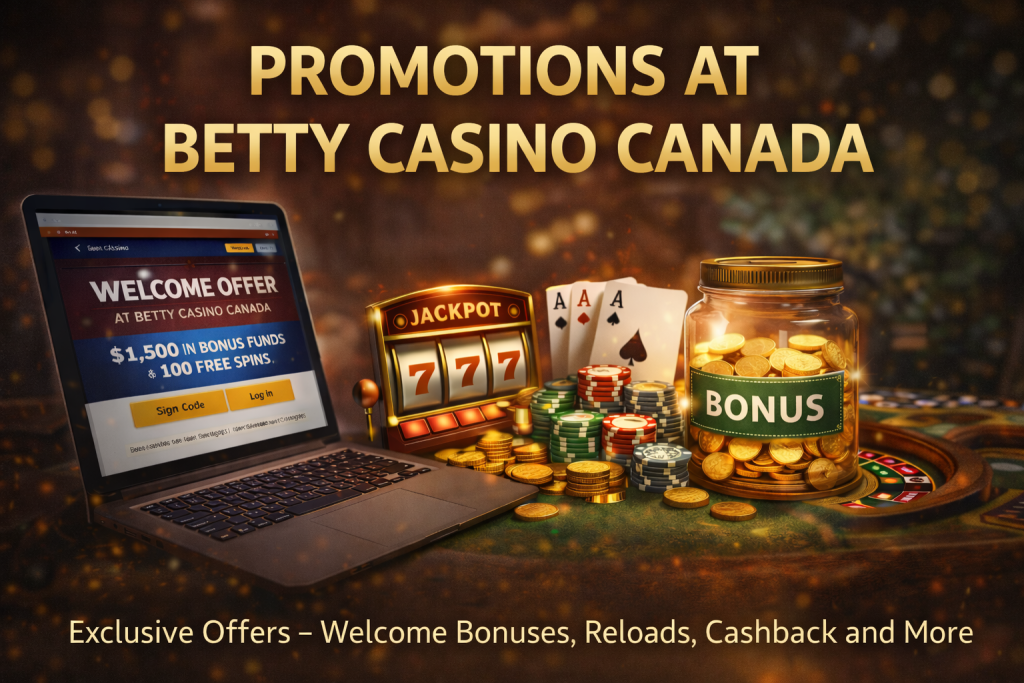 Promotions at Betty Casino Canada banner featuring laptop with casino interface, slot machine, poker chips, roulette wheel and jar of bonus coins on dark luxury background