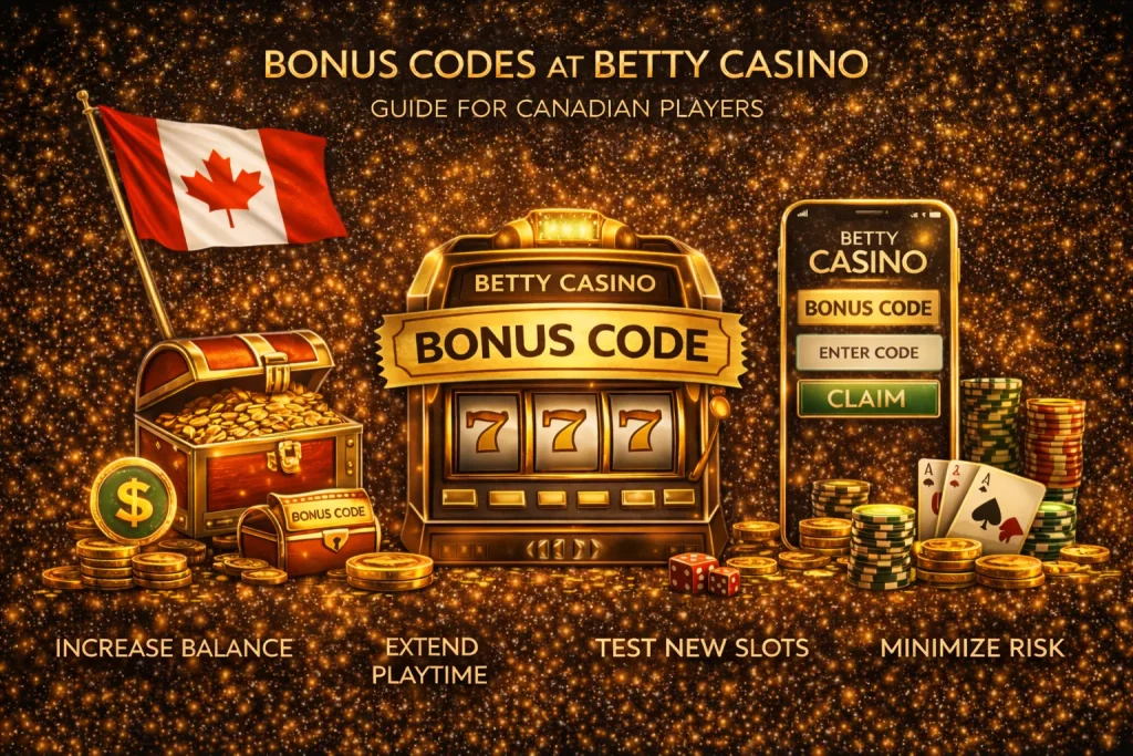 Bonus code promotion at Betty Casino Canada with evenly distributed casino elements and gold accents for Canadian players