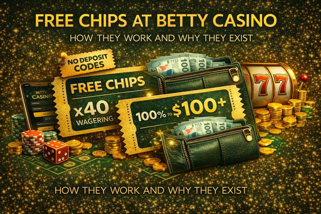 Illustration representing free chips offers at Betty Casino Canada and how no-deposit gameplay is introduced to players