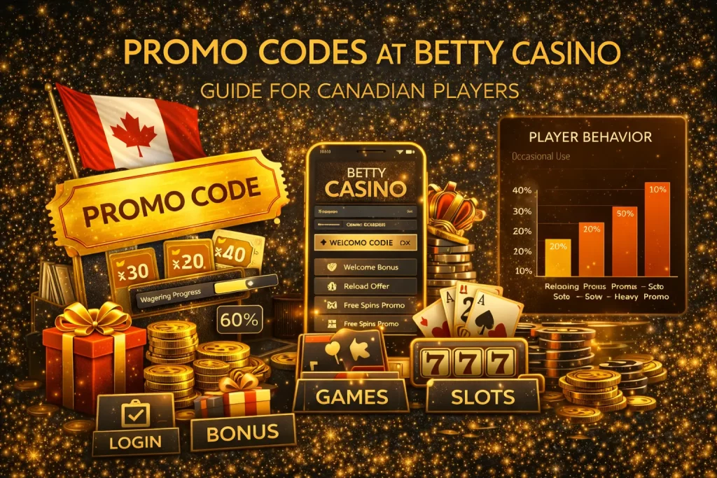 Promo codes at Betty Casino Canada showing bonus codes, wagering progress, and promotional offers for Canadian players