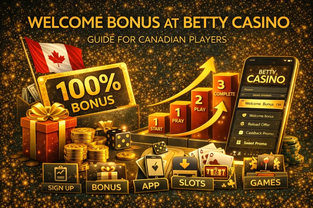 Welcome bonus at Betty Casino Canada with gold accents, bonus steps, and casino icons for Canadian players