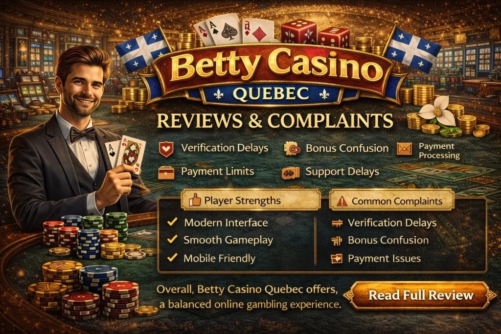 Betty Casino reviews and complaints banner showing roulette table, casino chips and cards with Quebec theme highlighting player feedback and casino evaluation.