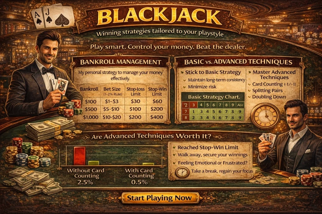 Blackjack strategy infographic with tips on Bankroll Management, Basic vs. Advanced Techniques, and a Basic Strategy Chart. It highlights key strategies such as card counting, splitting pairs, and doubling down in a luxurious casino environment.