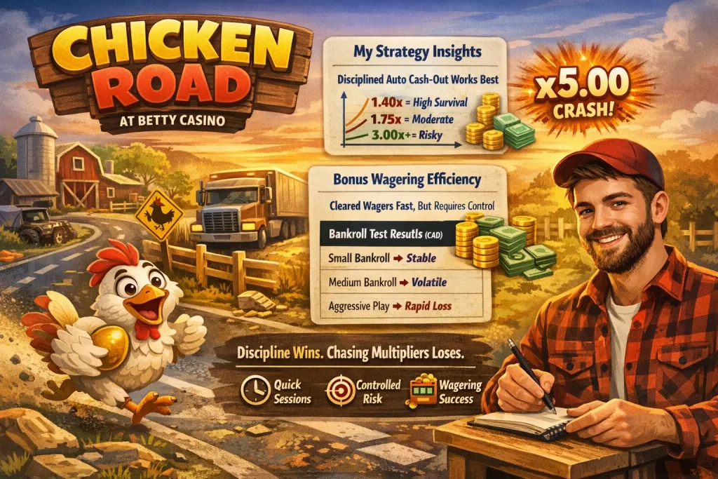 Chicken Road at Betty Casino Canada – crash multiplier game strategy illustration with farm theme, auto cash-out levels and wagering insights