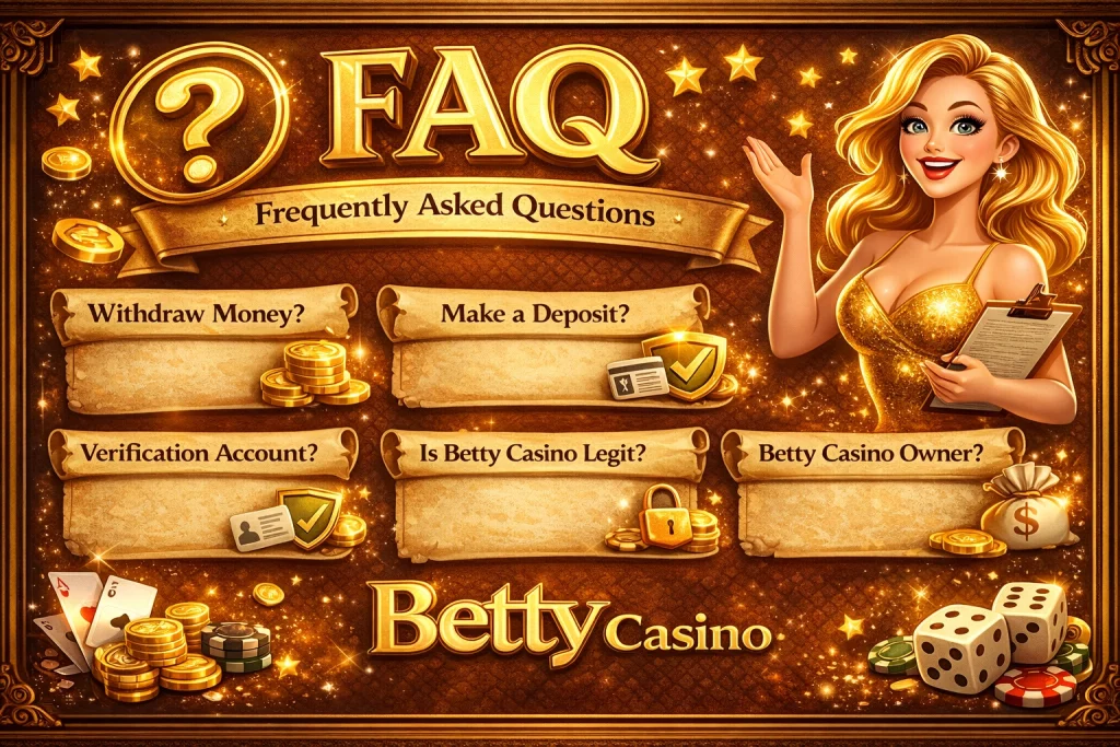 Betty Casino FAQ banner with gold casino theme, blonde hostess, FAQ title, dice, chips, and common player questions in a horizontal layout.