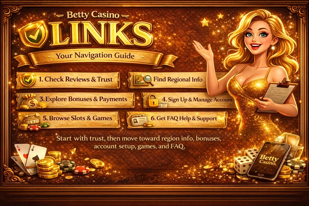 Betty Casino Links banner in horizontal format with gold casino theme, elegant hostess, navigation icons, cards, chips, and mirror access guide for smooth platform entry