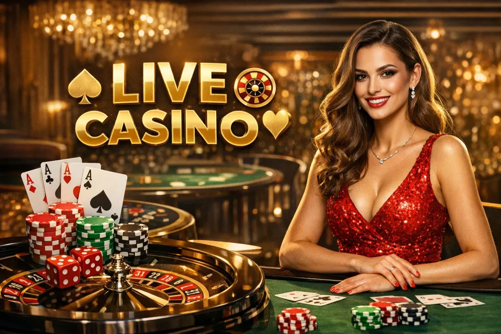 A vibrant live casino scene featuring a female dealer in a sparkling red dress, with poker cards, chips, dice, and a roulette wheel, along with the bold "LIVE CASINO" text above, creating an inviting and exciting atmosphere.