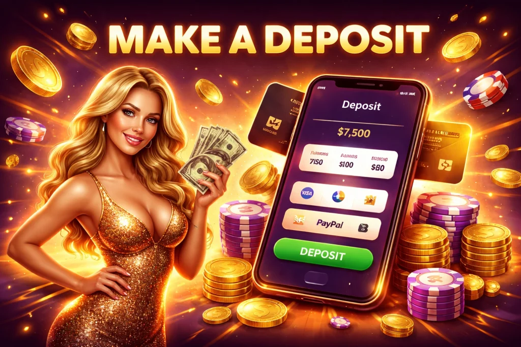 Betty Casino Make a Deposit banner with gold theme, blonde hostess, mobile payment screen, casino chips, coins, and fast deposit concept in a horizontal layout.