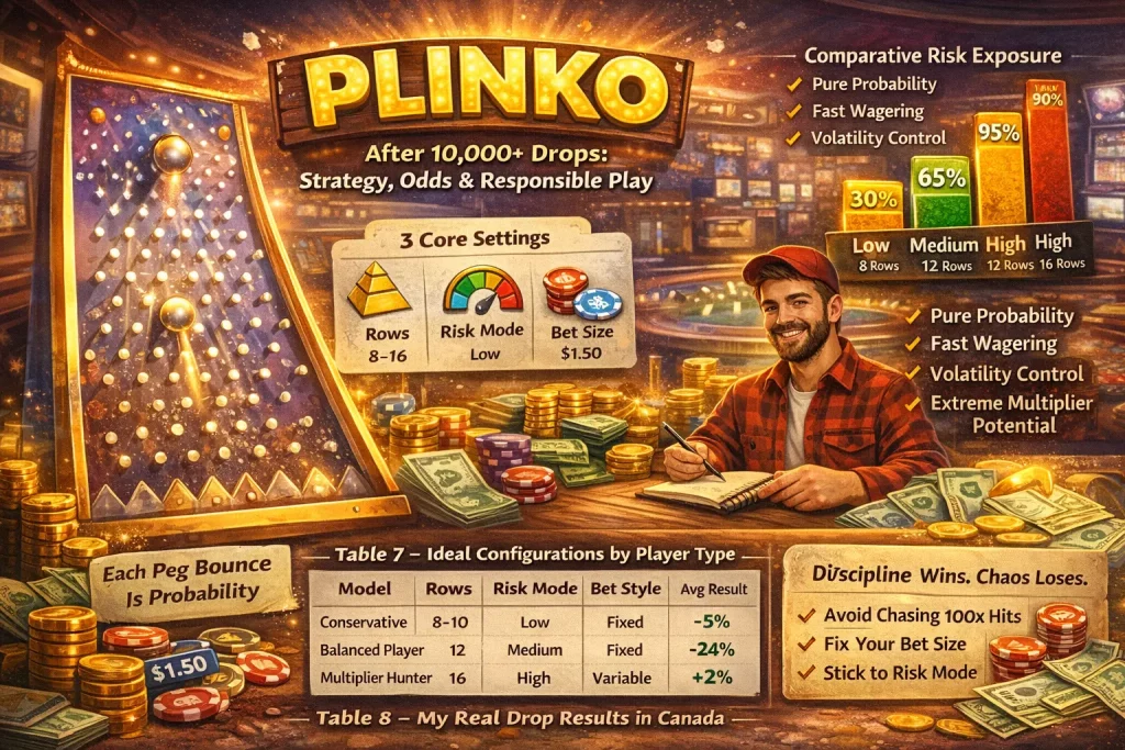 Plinko casino strategy infographic with risk levels, row settings, bankroll analysis, and volatility comparison chart