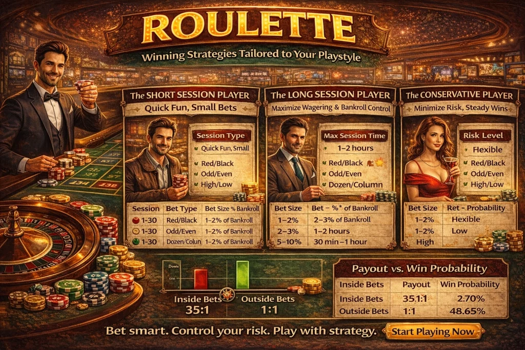 Roulette strategy infographic highlighting different player types and betting strategies, featuring session types, bet sizes, risk levels, and payout probabilities, set in a luxurious casino backdrop.