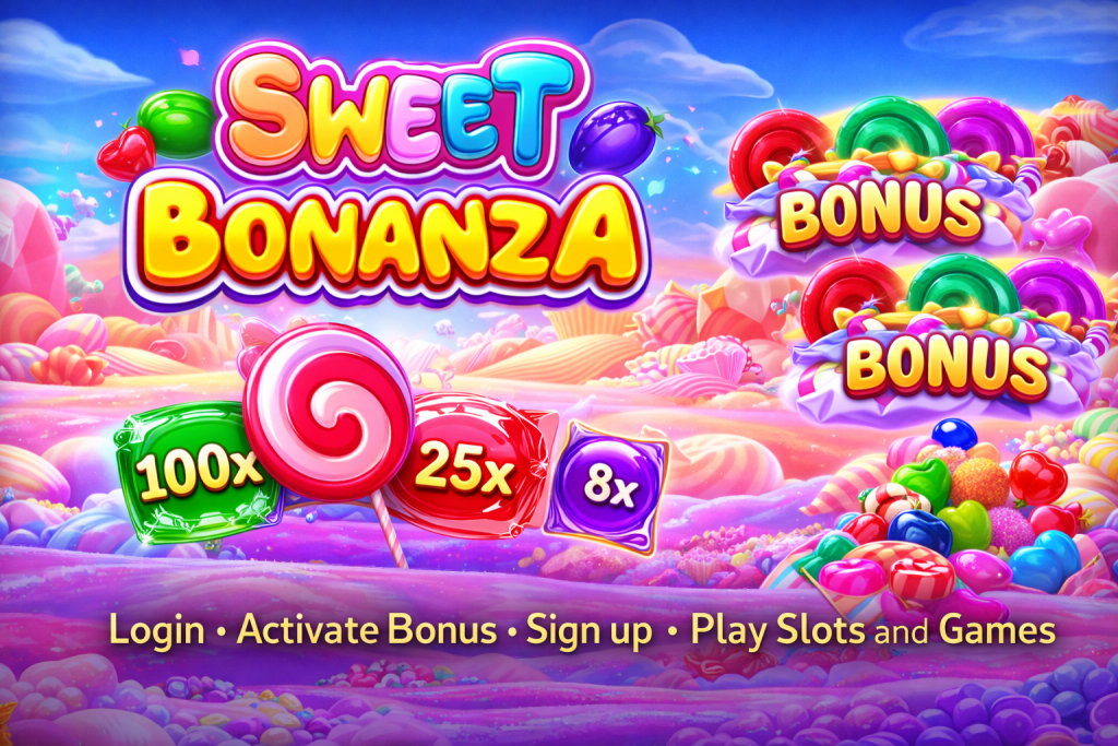 Sweet Bonanza slot banner featuring colorful candy landscape, multiplier symbols and cascading sweets background