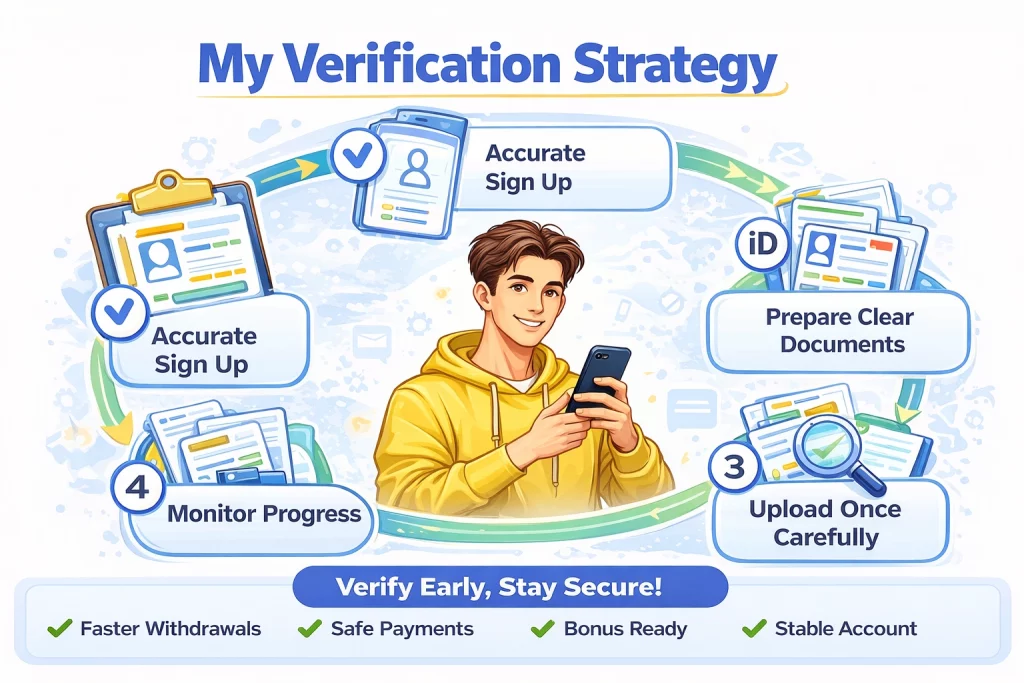 Horizontal verification account banner showing secure profile approval steps, document upload process, identity check icons, and a smooth casino account verification workflow