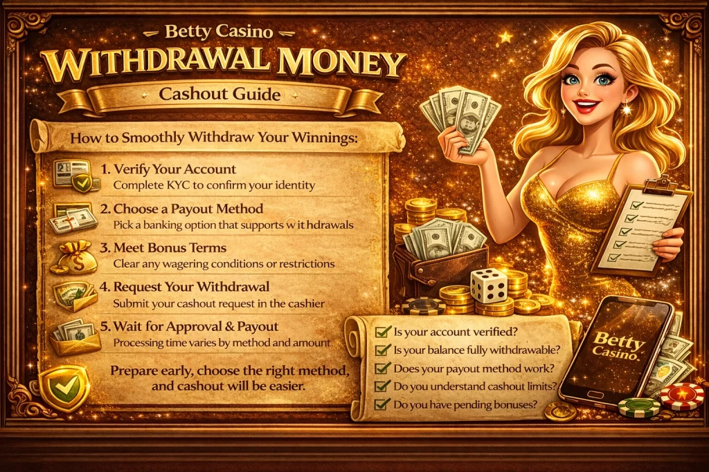 Betty Casino Withdrawal Money banner with gold casino theme, hostess, cashout checklist, money, chips, and mobile payout illustration in a horizontal layout.