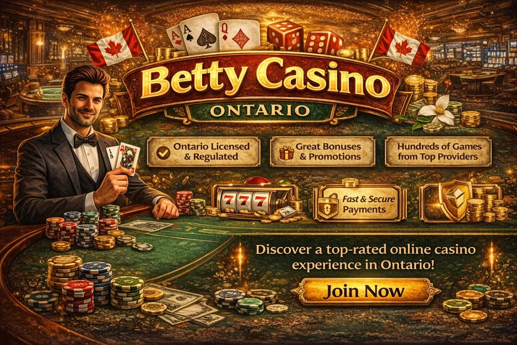 Betty Casino Ontario promotional banner with casino chips, playing cards, roulette wheel, and modern online casino interface representing licensed gaming in Ontario, Canada.