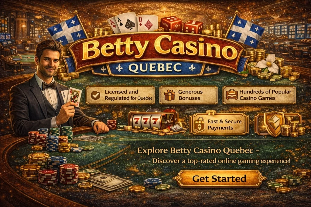Betty Casino Quebec banner showing casino chips, cards, roulette table and Quebec symbols highlighting licensed online gaming experience for Canadian players.