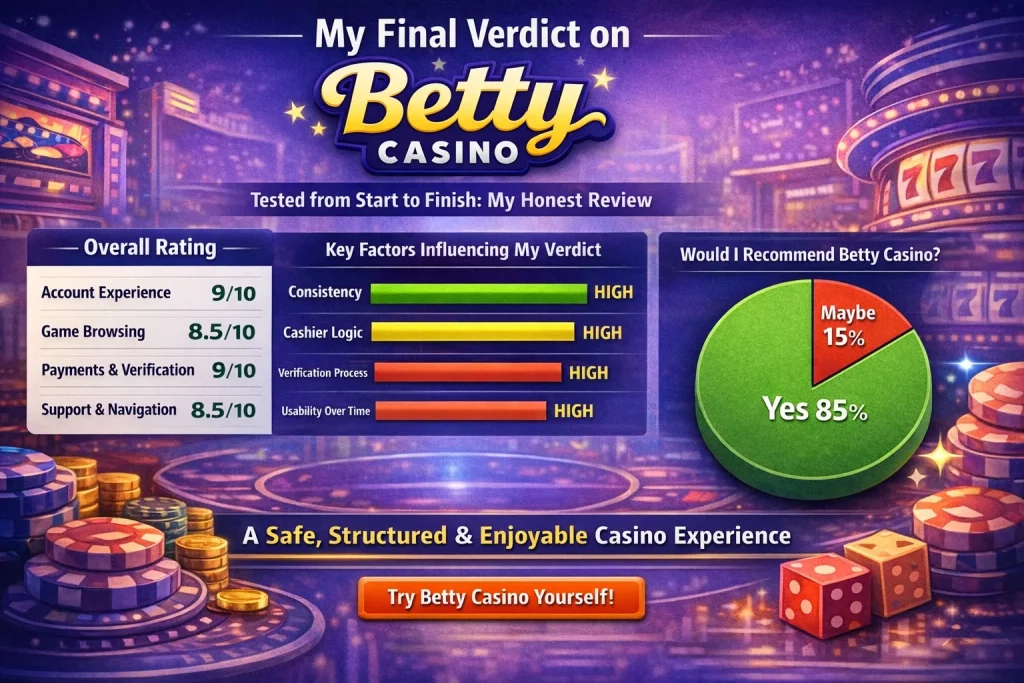 Horizontal Betty Casino review banner with final verdict, casino-themed background, rating blocks, recommendation chart, chips, dice, and a positive player review summary