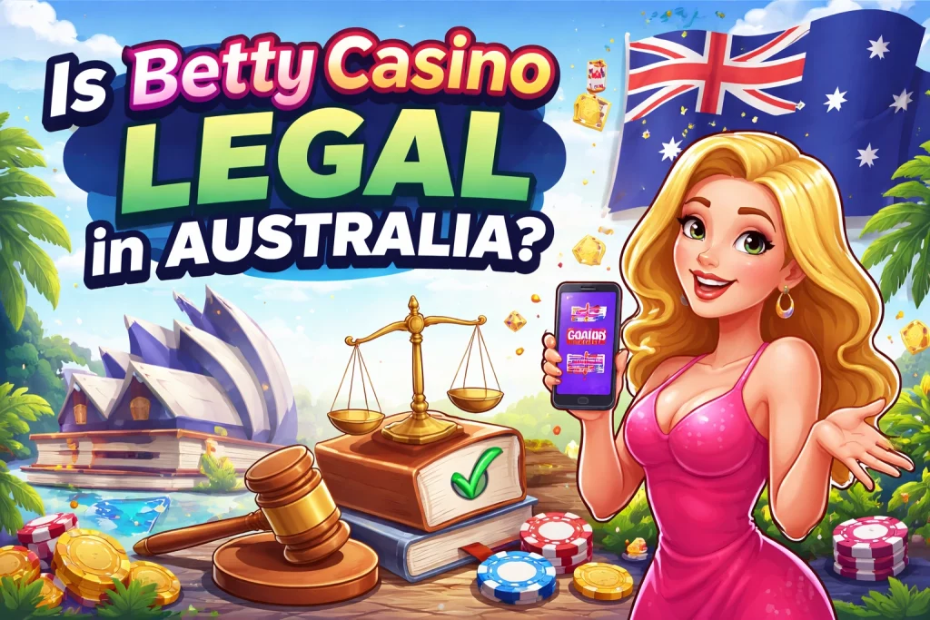 Betty Casino legal in Australia horizontal banner with casino-themed design and legal symbols