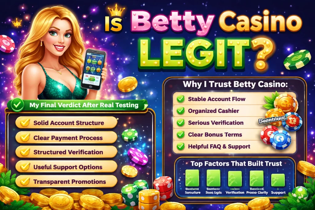 Is Betty Casino legit banner with bright casino theme, blonde hostess, trust checklist, payment and verification highlights, chips, coins, and a real testing review layout