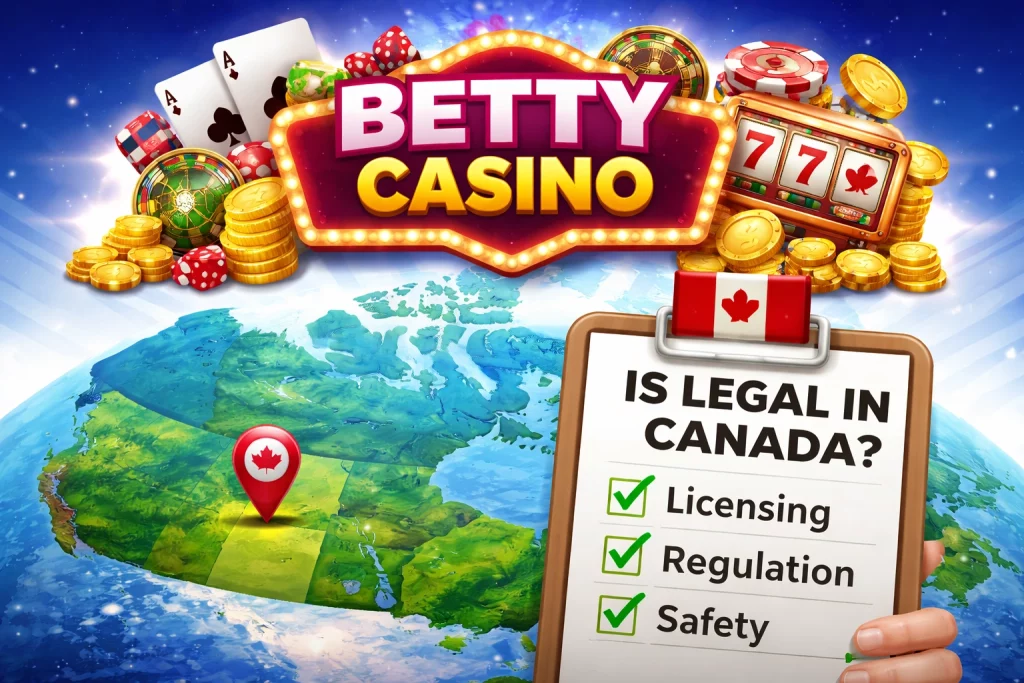 Betty Casino legality in Canada illustration showing casino elements, Canadian map, and checklist confirming licensing, regulation, and safety status