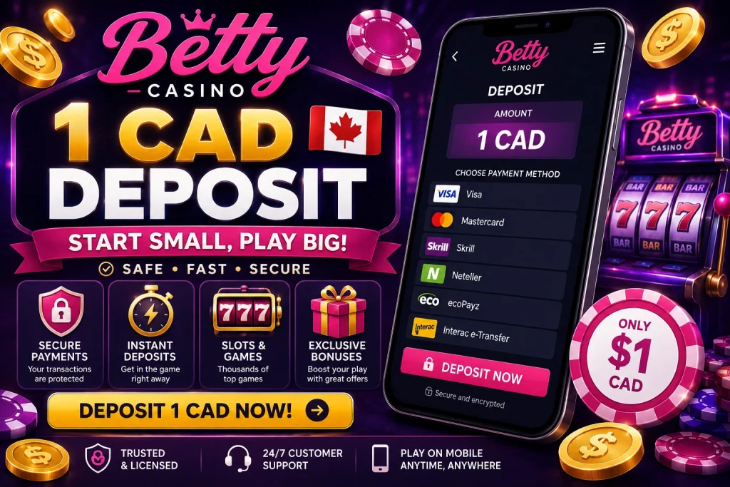 Betty Casino 1 CAD Deposit banner with mobile cashier screen, Canadian dollar payment, casino chips, slot machine, secure payment icons, and purple neon casino background