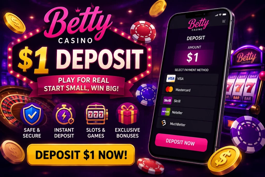 Betty Casino $1 Deposit banner with mobile cashier screen, payment methods, casino chips, slot machine, secure deposit icons, and bright purple casino background