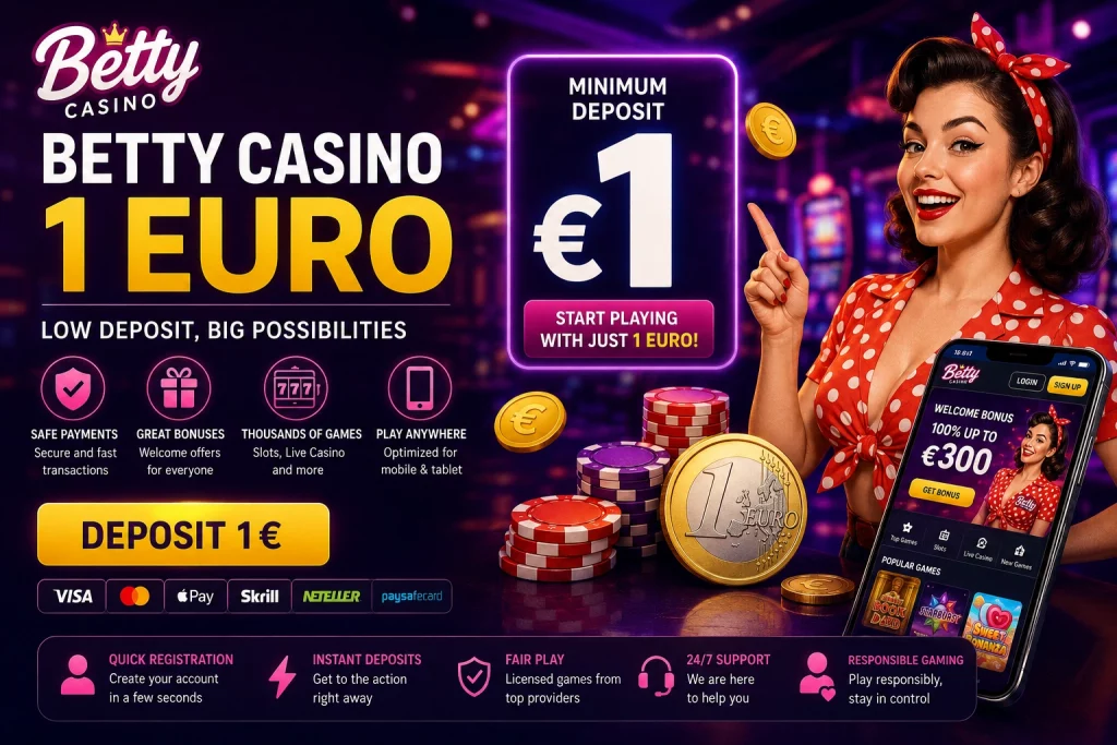Betty Casino 1 Euro promotional banner with neon casino background, €1 deposit offer, mobile casino screen, chips and gold coins