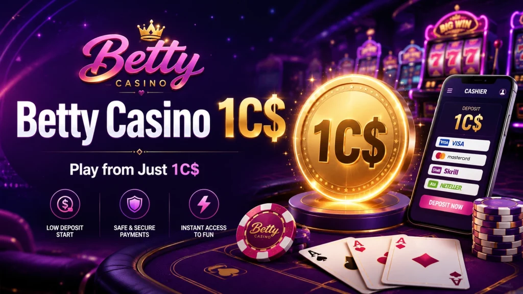 Betty Casino 1C$ low deposit banner with glowing casino coin, mobile cashier, cards, chips and purple gold casino background