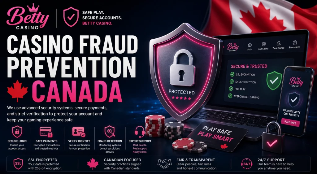Casino Fraud Prevention Canada banner with Betty Casino branding, security shield, protected account visuals, Canadian flag, and safe payment icons.