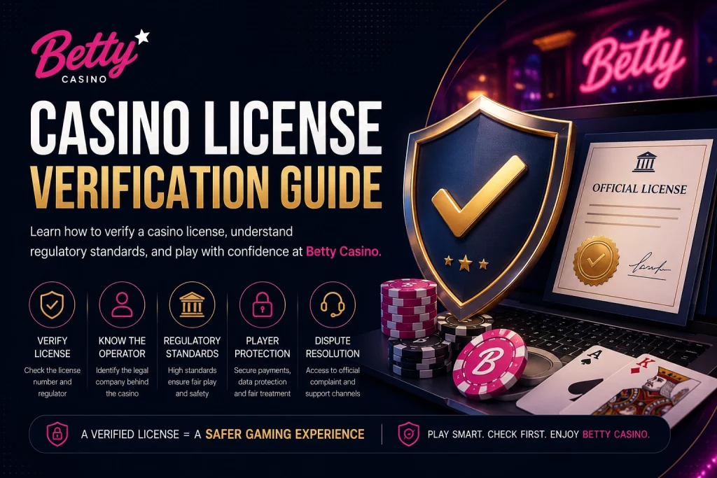 Betty Casino License Verification Guide banner with secure gaming shield, official casino licence certificate, poker chips, and player protection icons on a dark neon casino background.