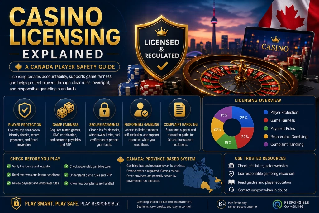 Premium casino licensing banner for Canada players featuring luxury roulette wheel, poker chips, secure shield icon, glowing neon blue-purple lights, and elegant cinematic gaming atmosphere in landscape format.