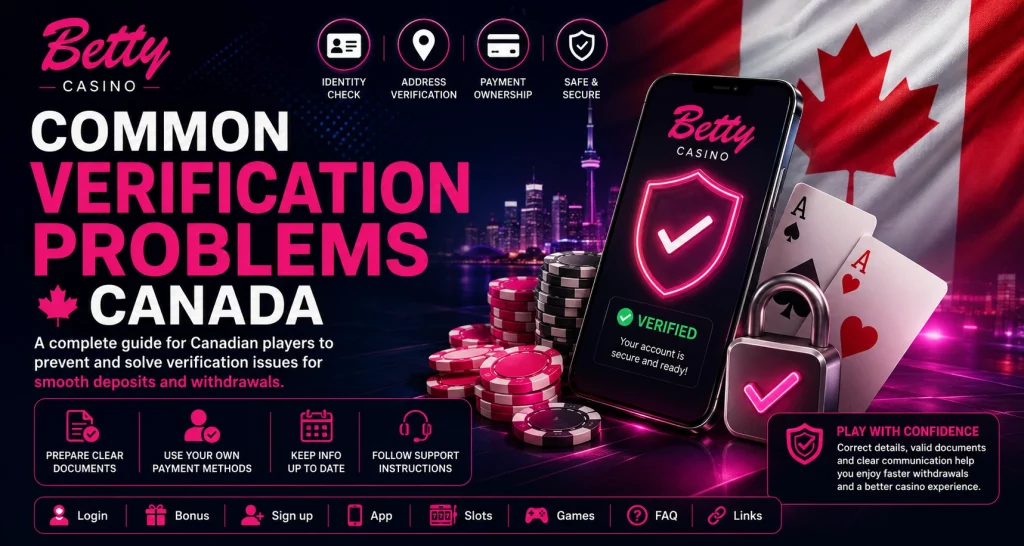 Betty Casino Common Verification Problems Canada banner with secure account verification, Canadian flag, casino chips, smartphone security shield, and payment verification theme