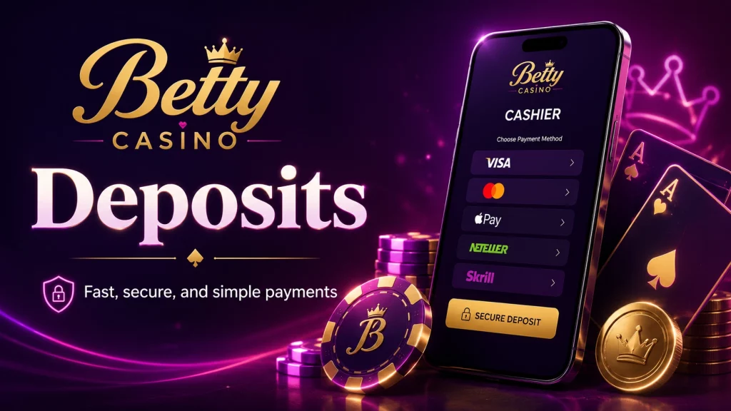 Betty Casino deposits banner with secure cashier screen, payment cards, gold coins, casino chips and glowing purple gaming background