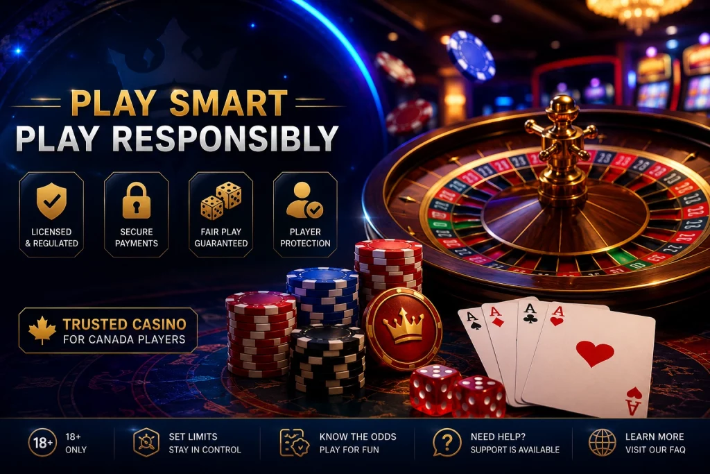Luxury online casino education banner with glowing roulette wheel, poker chips, playing cards, neon blue and gold lighting, premium cinematic atmosphere, and elegant responsible gaming theme in landscape format.
