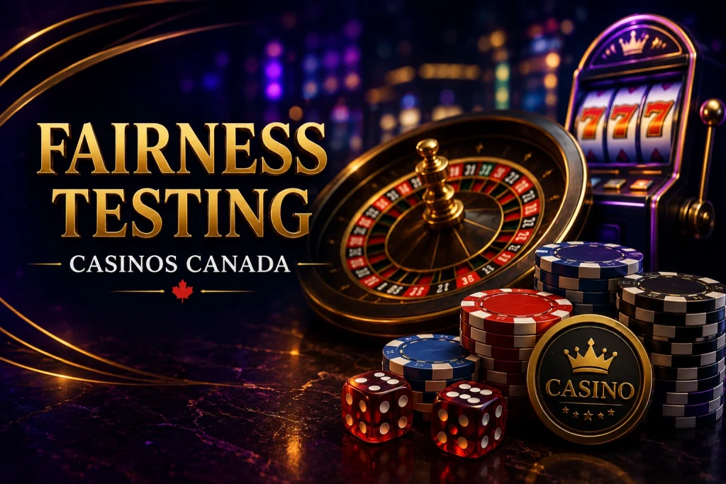 Elegant fairness testing casino banner for Canada players with luxury roulette wheel, glowing slot machine, poker chips, golden typography, neon purple-blue atmosphere, and premium cinematic gaming style in landscape format.