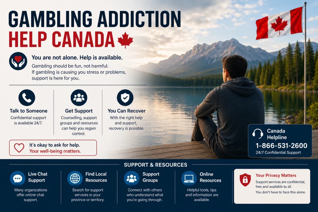 Premium responsible gambling support banner for Canada featuring a calm casino-inspired landscape with subtle roulette wheel, poker chips, warm blue and gold lighting, and a safe, supportive atmosphere focused on gambling addiction awareness and recovery in landscape format.