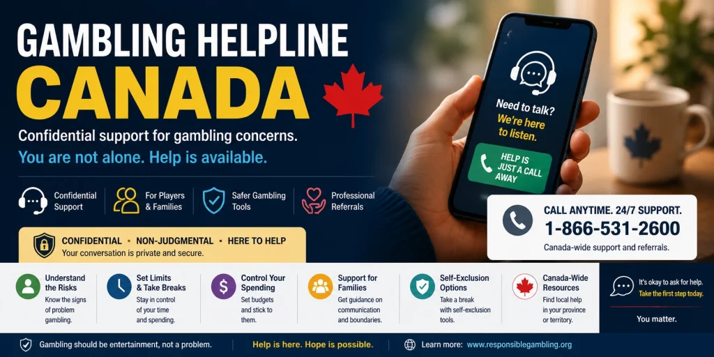 Gambling Helpline Canada banner with confidential support hotline, responsible gambling assistance, Canadian player protection concept, and safer gaming guidance for Betty Casino