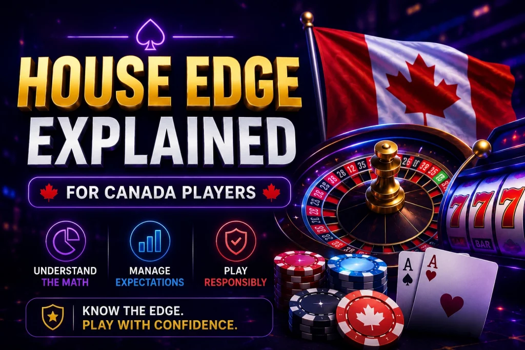 Detailed casino infographic banner for Canada players with multiple comparison tables, RTP and house edge charts, roulette wheel, poker chips, slot elements, and neon blue-purple gaming design in landscape format.