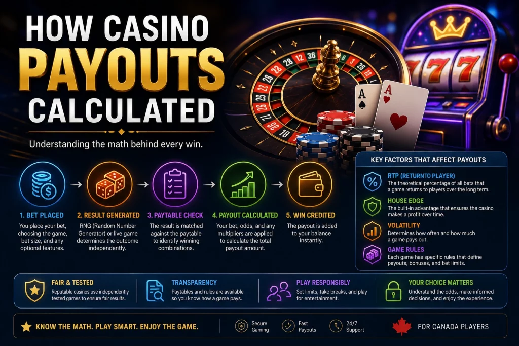 Luxury casino payout banner for Canada players featuring glowing slot reels, roulette wheel, poker chips, neon lights, floating coins, and premium blue-purple gaming atmosphere in landscape format.